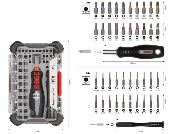 Bosch精密螺絲起子頭套裝 42 件，裝於緊湊型工具箱中。