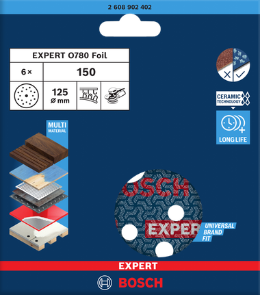 EXPERT O780 箔砂磨砂輪片,125 mm,G150 Bosch O780 箔砂紙盤 125 毫米 G150