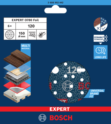EXPERT O780 箔砂磨砂輪片,150 mm,G120 Bosch150 毫米 120 粒徑砂紙片
