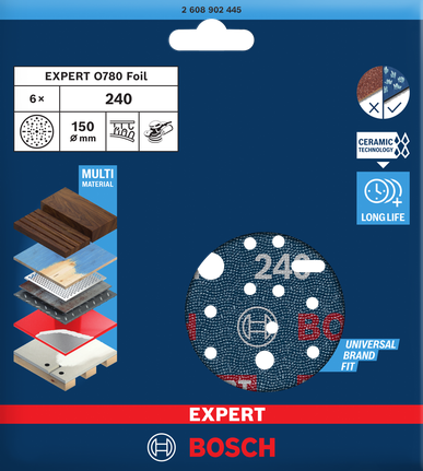 EXPERT O780 箔砂磨砂輪片,150 mm,G240 Bosch150 毫米 EXPERT O780 箔砂紙盤 G240