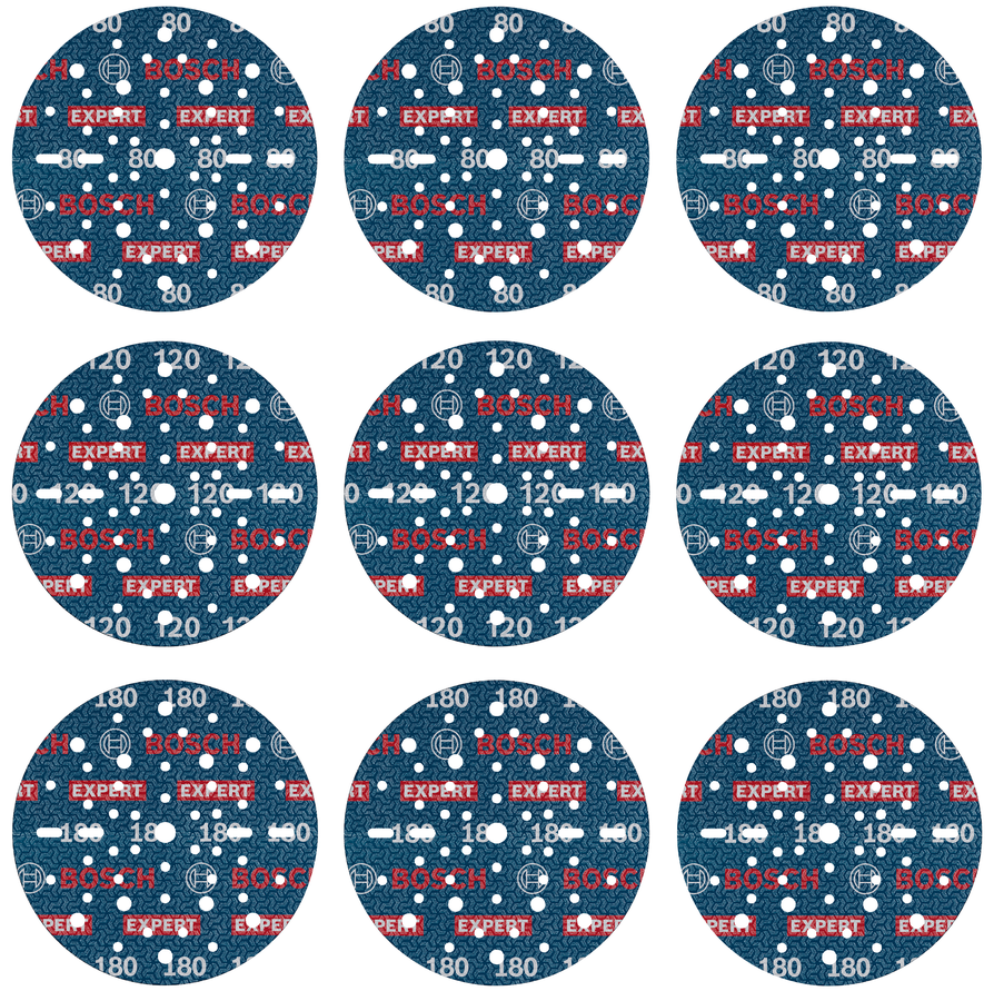 Bosch EXPERT O780 箔砂磨盤套裝，150 毫米各種粒度。.