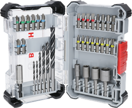 Bosch35 件超硬螺絲起子頭和 PRO 木鑽頭套裝展示。.