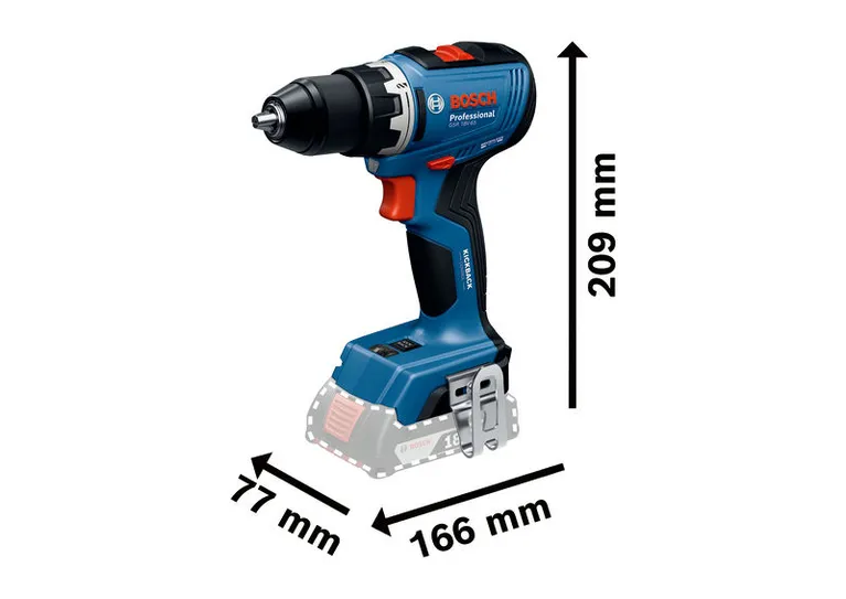 Bosch GSR 18V-65 無線電鑽，緊湊型 77x166x209 mm。.