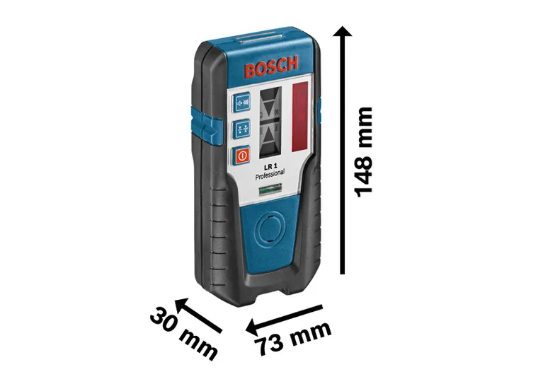 圖中顯示了BoschLR 1 雷射接收器的尺寸測量結果。.