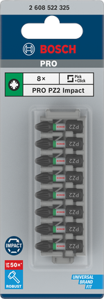 PRO Pozidriv Impact 抗衝擊米字型起子頭,PZ2,25 mm,8 件 Bosch Pozidriv PZ2 25 毫米衝擊批頭 8 件裝.