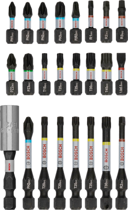 Bosch PRO 衝擊螺絲起子頭組 24 件，適用於多種緊固用途。.