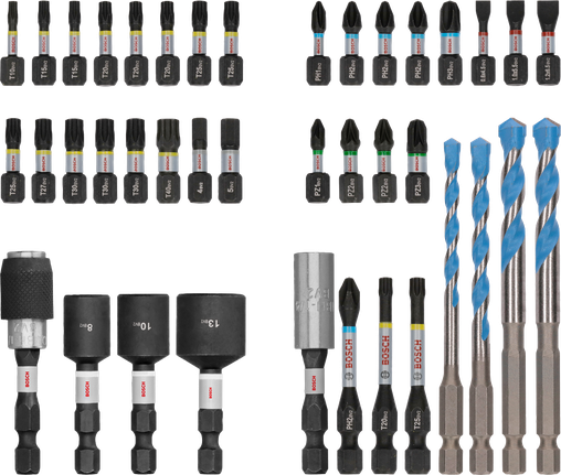 PRO Impact 抗衝擊混合套裝,40 件 Bosch PRO Impact 混合套裝 40 件,顏色編碼的鑽頭和鑽頭。.