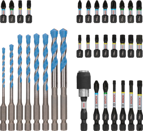 Bosch Impact 混合套裝展示，包含 35 件鑽頭和螺絲鑽頭。.
