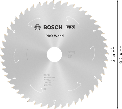 PRO Wood 充電式圓鋸片,216 x 1.7 x 30 mm,T48 Bosch Wood 圓鋸片 216 mm T48,適用於無線鋸。.