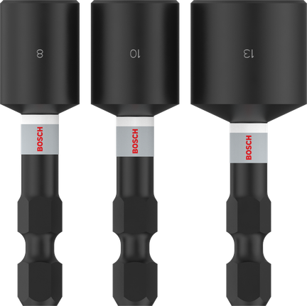 PRO Impact 抗衝擊螺母套筒,8 x 50、10 x 50、13 x 50 mm,3 件組 Bosch PRO 衝擊螺帽扳手組 8、10、13 毫米 1/4 英吋六角。.