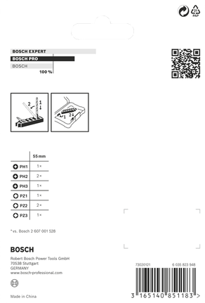 PRO Impact 抗衝擊螺絲起子鑽頭套裝,PH1、PH2(x2)、PH3、PZ1、PZ2(x2)、PZ3,55 mm,8 件式 Bosch PRO 衝擊螺絲起子頭組 8 件 55 毫米。.