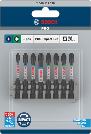 PRO Impact 抗衝擊螺絲起子鑽頭套裝,PH1、PH2(x2)、PH3、PZ1、PZ2(x2)、PZ3,55 mm,8 件式 Bosch PRO 衝擊螺絲起子頭組 8 件。.