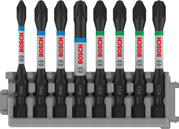 PRO Impact 抗衝擊螺絲起子鑽頭套裝,PH1、PH2(x2)、PH3、PZ1、PZ2(x2)、PZ3,55 mm,8 件式 Bosch PRO 衝擊螺絲起子頭組 8 件,55 毫米,多種規格。.