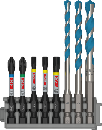 附帶多功能萬用鑽頭和 Pick and Click 索引的 PRO Impact 抗衝擊套裝,PH2 x 50 mm,PZ2 x 50 mm,T20 x 50 mm,T25 x 50 mm,T30 x 50 mm,MC 5/6/8 x 50 mm,8 件組 Bosch衝擊套裝,含多用途建築鑽頭,8 件套.