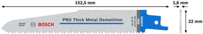 PRO Thick Metal 拆除鋸片 S930CF 軍刀鋸片,1.6 x 22 x 150 mm,5 件組 Bosch PRO 厚金屬拆除 S930CF 刀片,150 毫米。.