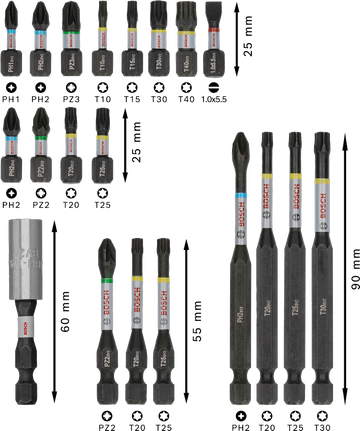 Bosch PRO 衝擊螺絲起子頭組 20 件，顏色編碼。.