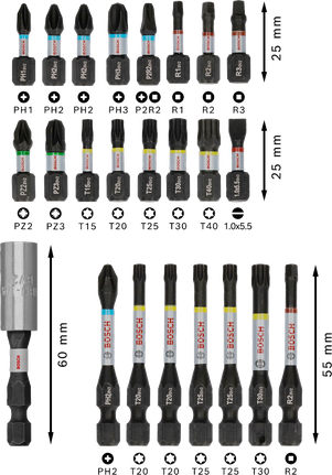 Bosch PRO 衝擊螺絲起子頭組 24 件，顏色編碼。.