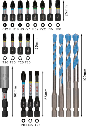 Bosch PRO Impact 混合套裝 20 件，包含螺絲起子頭和鑽頭。.