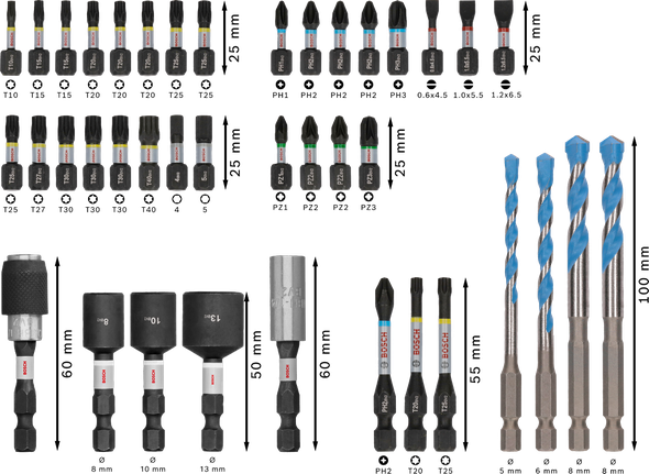 PRO Impact 抗衝擊混合套裝,40 件 Bosch PRO Impact 混合套裝 40 件,配有鑽頭和螺絲起子頭。.