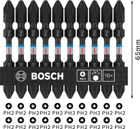 Bosch PRO PH2 雙頭衝擊鑽頭 65 毫米，10 個裝。.