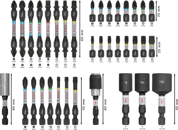 Bosch PRO 衝擊螺絲起子頭組 36 件展示。.