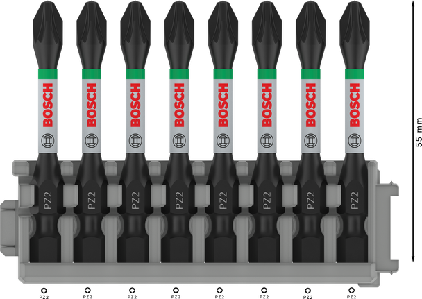 PRO Pozidriv Impact 抗衝擊米字型起子頭,PZ2,55 mm,8 件 Bosch PRO Pozidriv 衝擊鑽頭 PZ2 55mm 8 件組。.