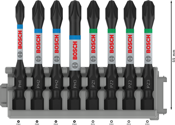 PRO Impact 抗衝擊螺絲起子鑽頭套裝,PH1、PH2(x2)、PH3、PZ1、PZ2(x2)、PZ3,55 mm,8 件式 Bosch PRO 衝擊螺絲起子頭組 8 件 55 毫米。.