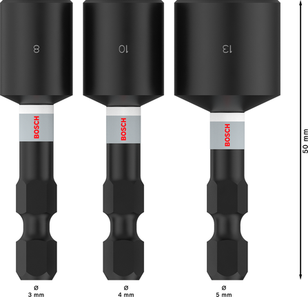 PRO Impact 抗衝擊螺母套筒,8 x 50、10 x 50、13 x 50 mm,3 件組 Bosch PRO 衝擊螺帽扳手組 8、10、13 毫米 50 毫米。.