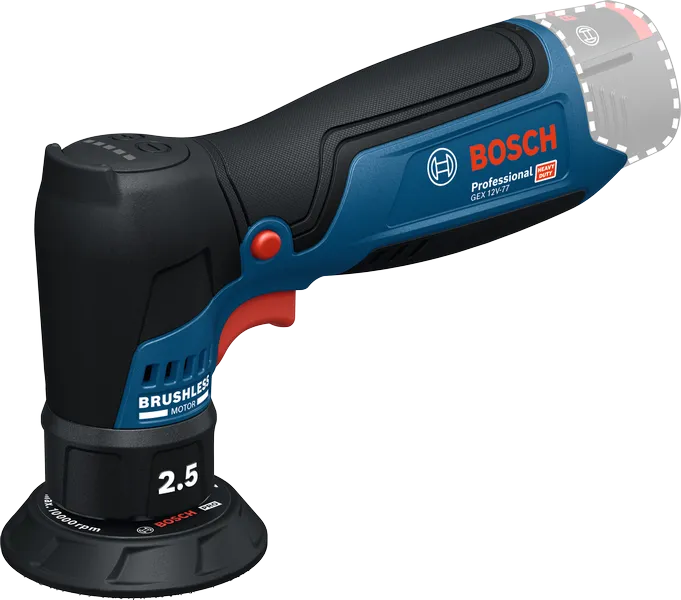 Bosch 12V-77 隨機軌道砂光機，配備無刷馬達。.