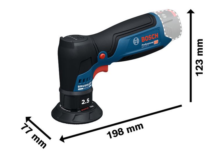Bosch 12V-77 緊湊型隨機軌道砂光機尺寸。