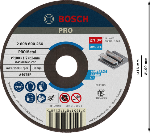 Bosch PRO 金屬切割片 100x1.2x16 毫米，使用壽命長。.