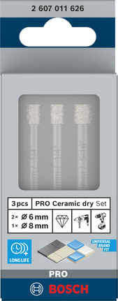 PRO Ceramic (乾式瓷磚用) 鑽頭套組,6 x 66,6 x 66,8 x 66 mm,3 件組 Bosch陶瓷乾鑽頭套裝 6 毫米 8 毫米 3 件.