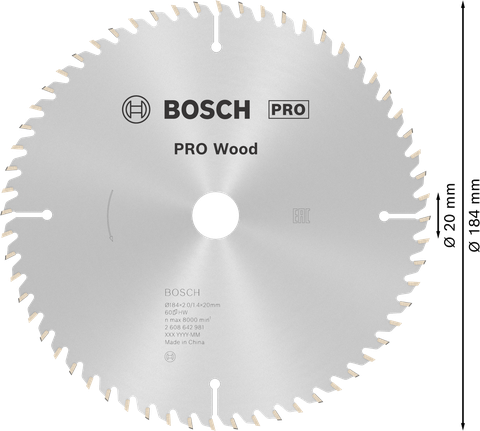 PRO Wood 木工圓鋸片,184 x 2 x 20 mm Bosch木材圓鋸片 184 毫米,用於精確切割木材。.