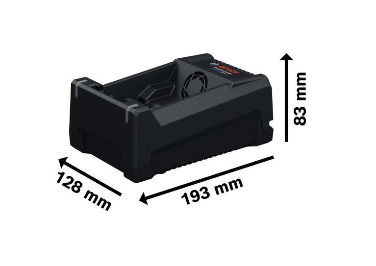 Bosch 12V-40 電池充電器，尺寸如圖所示。