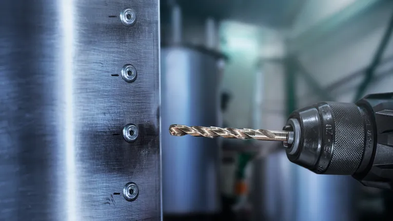 電鑽在金屬板上鑽孔。