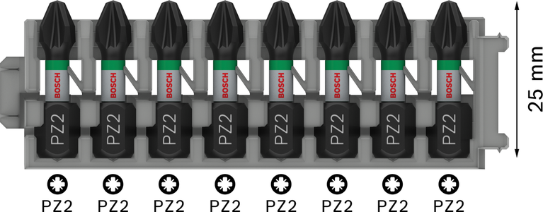 PRO Pozidriv Impact 抗衝擊米字型起子頭,PZ2,25 mm,8 件 Bosch PRO Pozidriv 衝擊鑽頭 PZ2 25 毫米 8 件裝。.