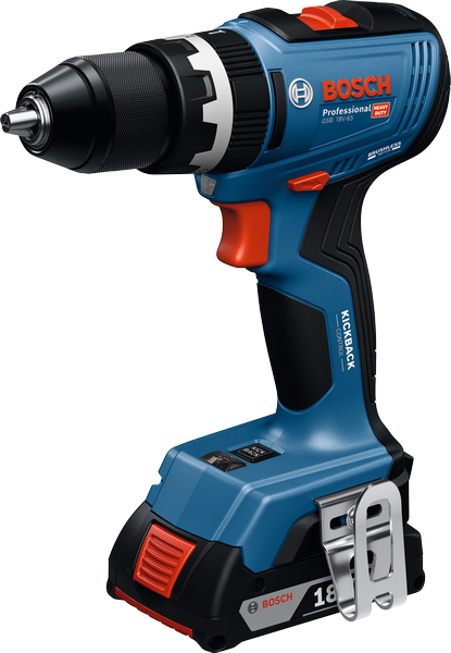 Bosch 18V-65 無線電鑽，配備 AMPShare 電池。