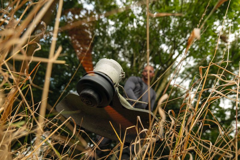 一個人在樹林裡用無線割草機修剪長得過大的草。.