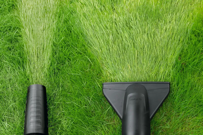 吹葉機和草坪吸塵器在綠草中創造出清晰的道路。.