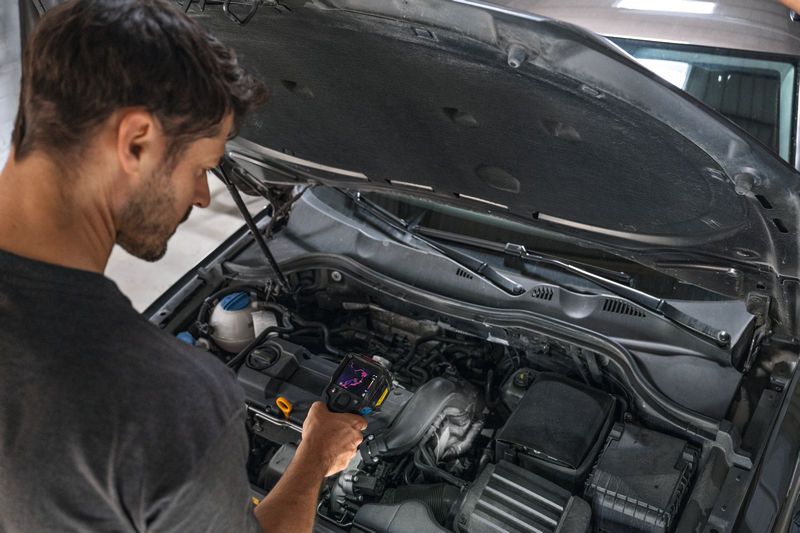 一名男子使用手持式熱像儀檢查汽車引擎。.