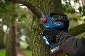 一名佩戴安全裝備的人正在使用無線修枝鋸修剪樹枝。.