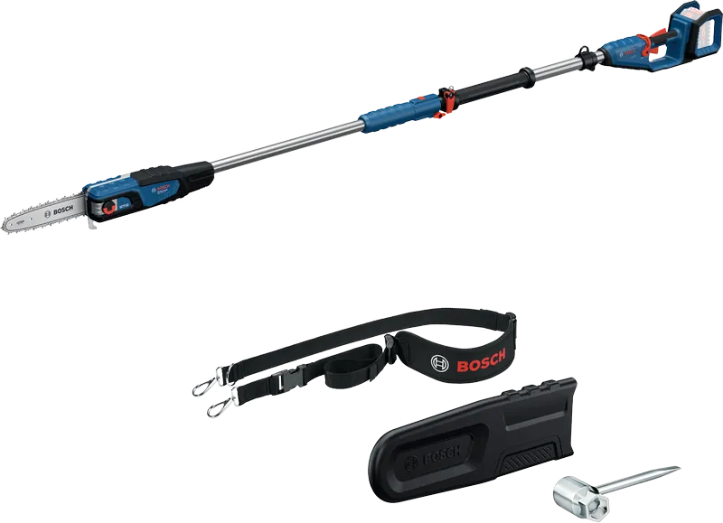 Bosch 18V-25 高枝鋸，配有伸縮手柄和配件。.