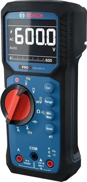 Bosch 600-15 數位萬用電錶顯示 600 伏特。