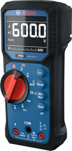 Bosch 600-15 數位萬用電錶顯示 600 伏特。