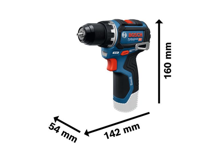 BoschGSR 12V-32 無線電鑽，尺寸如圖所示。
