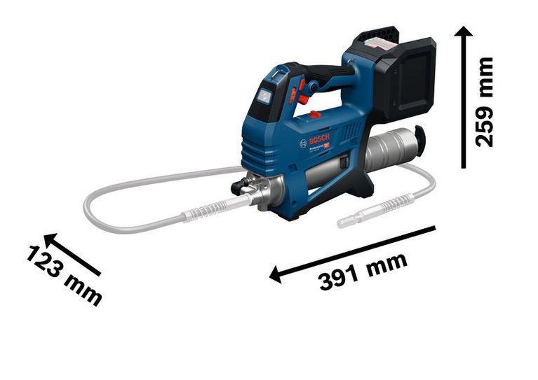 Bosch 18V-10 無線奶油槍，尺寸如圖所示。