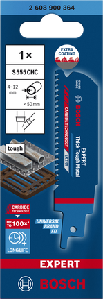 超耐久超厚金屬專業款 S 555 CHC 往復式鋸片 1 件式 Bosch S 555 CHC 往復鋸片適用於厚而堅韌的金屬。.
