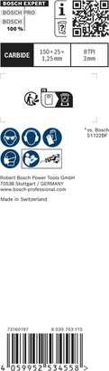 Bosch EXPERT 厚實金屬 S 955 CHC 往復鋸片 150 毫米 8TPI。