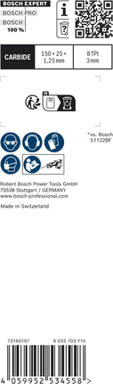 EXPERT ‘Thick Tough Metal’ S 955 CHC 軍刀鋸片 1 件式 Bosch EXPERT 厚實金屬 S 955 CHC 往復鋸片 150 毫米 8TPI。.