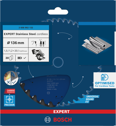 Bosch不鏽鋼無線圓鋸片 136×1.5/1.2×20 mm T30。.